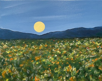 Full Moon Oil Painting: Flower Field Landscape, 11x14 Unframed