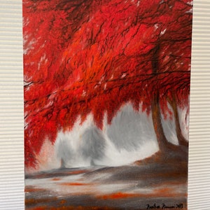 May include: A painting of a red tree in a foggy forest. The tree is in the foreground and the fog is in the background. The painting is signed "Fanba Pomoni 2012".