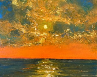 Textured Sunset Oil Painting: Ocean Art on Canvas (18x24 inches), unframed