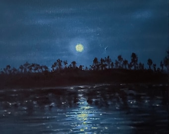 Moon Over Water Oil Painting: Reflective Moonlight Art (12x12 in, Unframed)