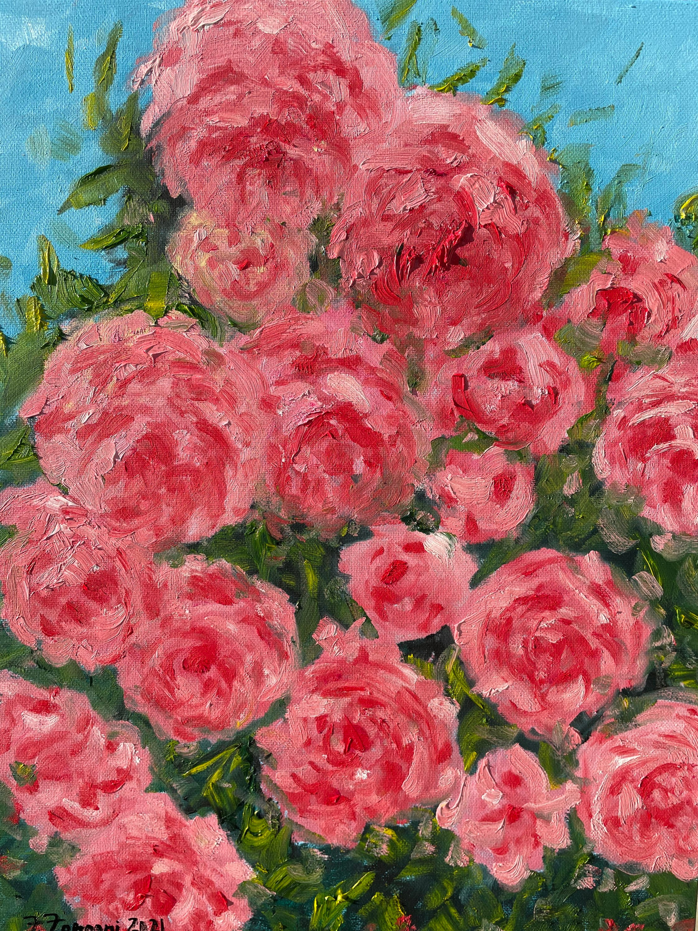 Textured Pink Rose Bush Oil Painting on Canvas (14x18 In, Unframed