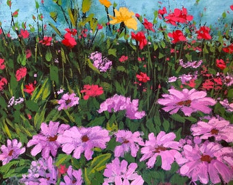May include: An acrylic painting of a vibrant flower field under a blue sky. The foreground features large, light purple flowers, with red and yellow flowers in the background. Green foliage fills the space between the flowers.