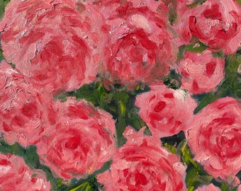Textured Pink Rose Bush Oil Painting on Canvas (14x18 In, Unframed