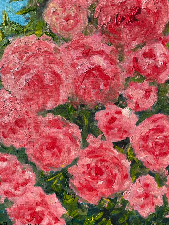 Textured Pink Rose Bush Oil Painting on Canvas (14x18 In, Unframed