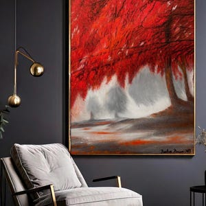 Original Oil Painting: Red Autumn Trees, Misty Landscape (18x24 inches), unframed image 3