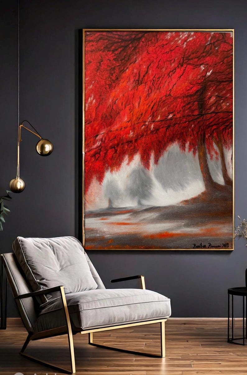 Original Oil Painting: Red Autumn Trees, Misty Landscape (18x24 inches), unframed image 3
