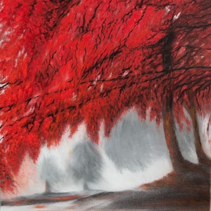 May include: A painting of a foggy forest scene with a large red tree in the foreground. The tree is in the center of the image and is surrounded by smaller trees and fog. The painting is done in a realistic style and has a soft, dreamy feel.