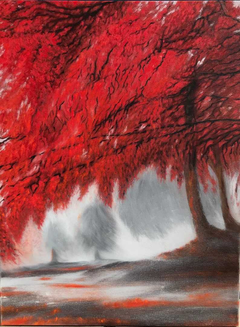 May include: A painting of a foggy forest scene with a large red tree in the foreground. The tree is in the center of the image and is surrounded by smaller trees and fog. The painting is done in a realistic style and has a soft, dreamy feel.