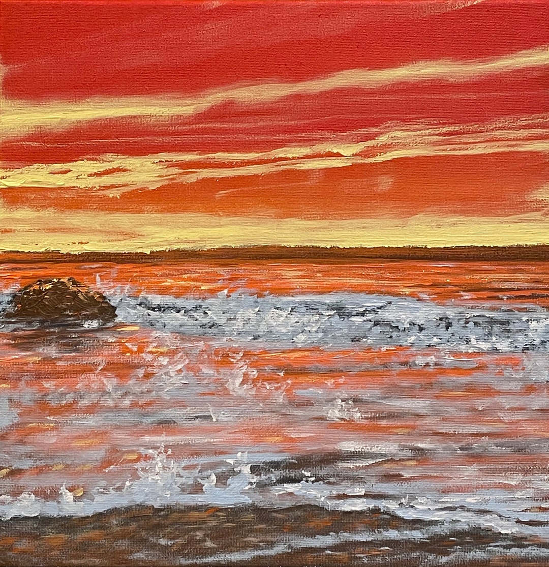 Original Orange Sky Oil Painting: Calm Ocean Waves, 12x12 Canvas - Etsy