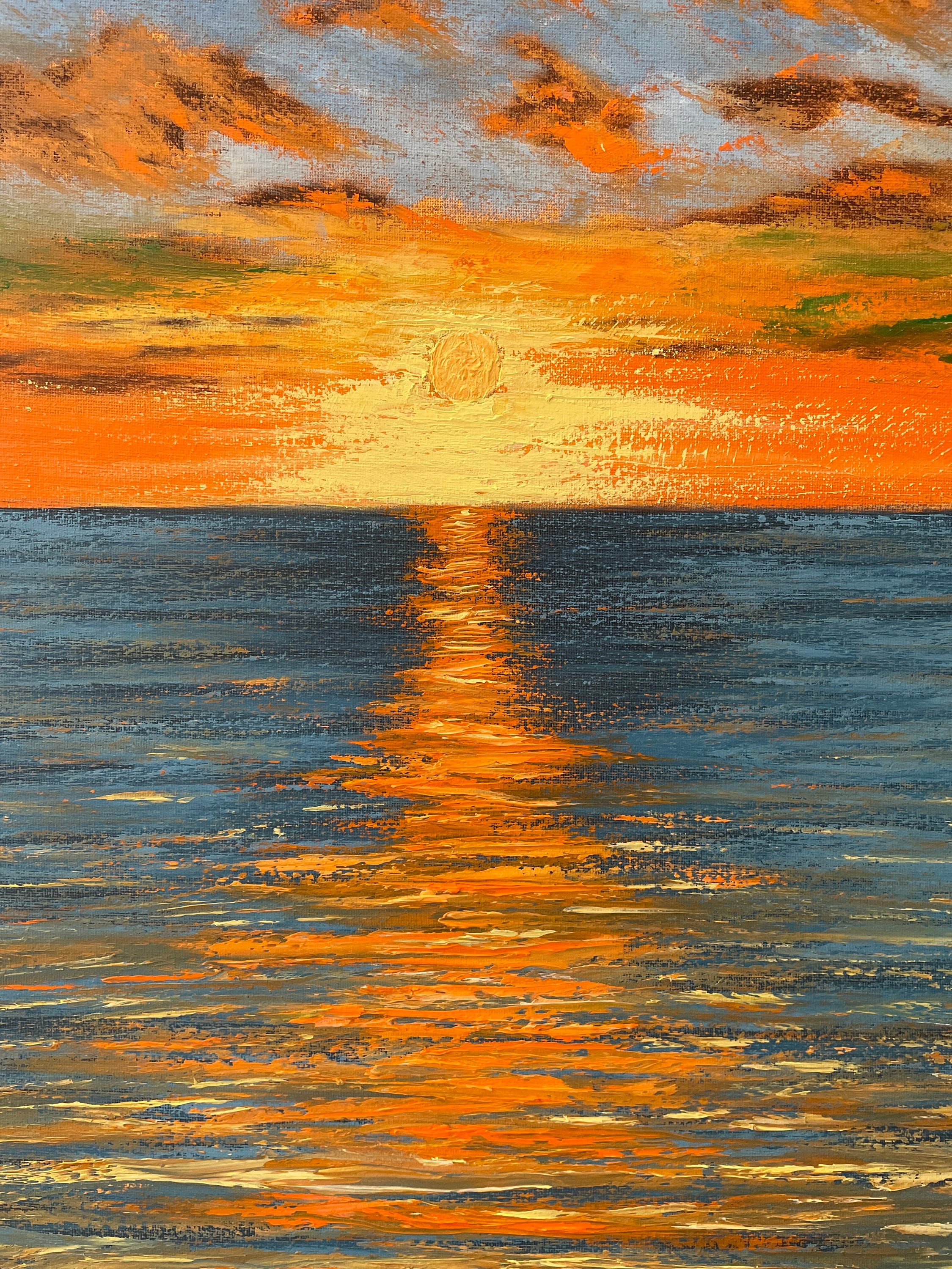 Oil Painting of a Sunset Over the Ocean , 18x24 Inches