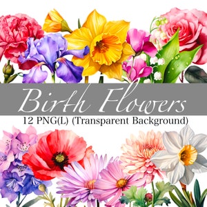 Birth Flower Clipart Sublimation PNG | Watercolor Floral Clipart Bundle | Mom&#39;s Garden Gift for Mom | Printable DIY Birth Month Flowers