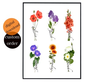 Birth Month Flowers Custom Family Gift | Personalized Birth Flowers printable  | Family Name Gift for Mom | Mother's Day Gift