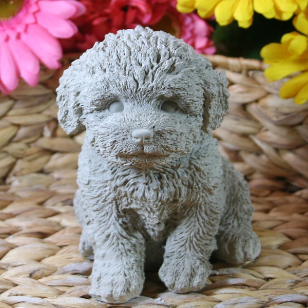 Concrete fluffy dog garden statue, cement figurine, outdoors or indoors, concrete home decor, garden, patio, deck, porch decor