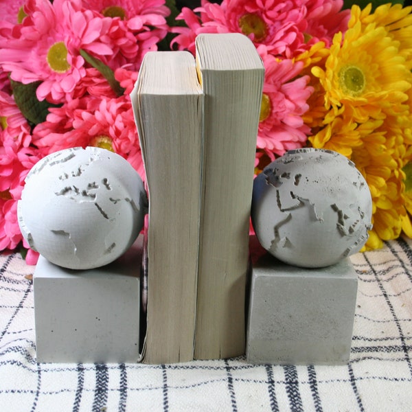 Concrete globe bookends, set of 2, concrete home decor, office decor