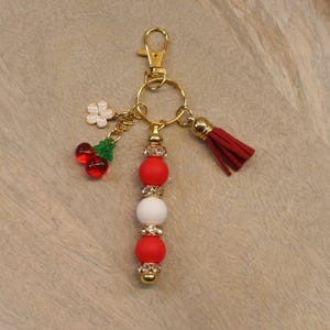 Red cherry beaded keychain, handbag decor, zipper pull, purse charm, with hanging clasp