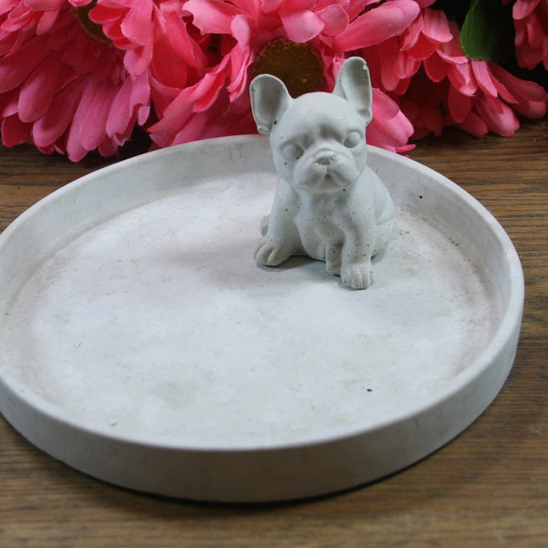 Concrete round trinket tray with a French bulldog, jewelry dish, catch all, concrete home decor