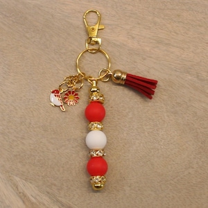 Red bird beaded keychain, handbag decor, zipper pull, purse charm, with hanging clasp
