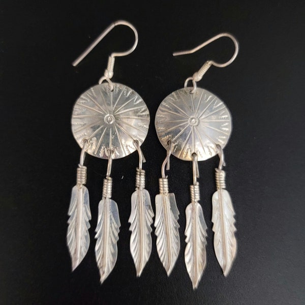 Antique Vintage Sterling Silver Native Style TAXCO Concho Feather Earrings 9g