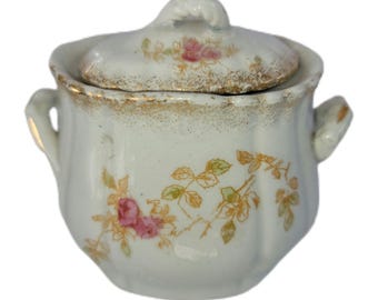 Antique Porcelain Sugar Bowl With Lid Pink Rose Floral Gold Trim Unknown Maker