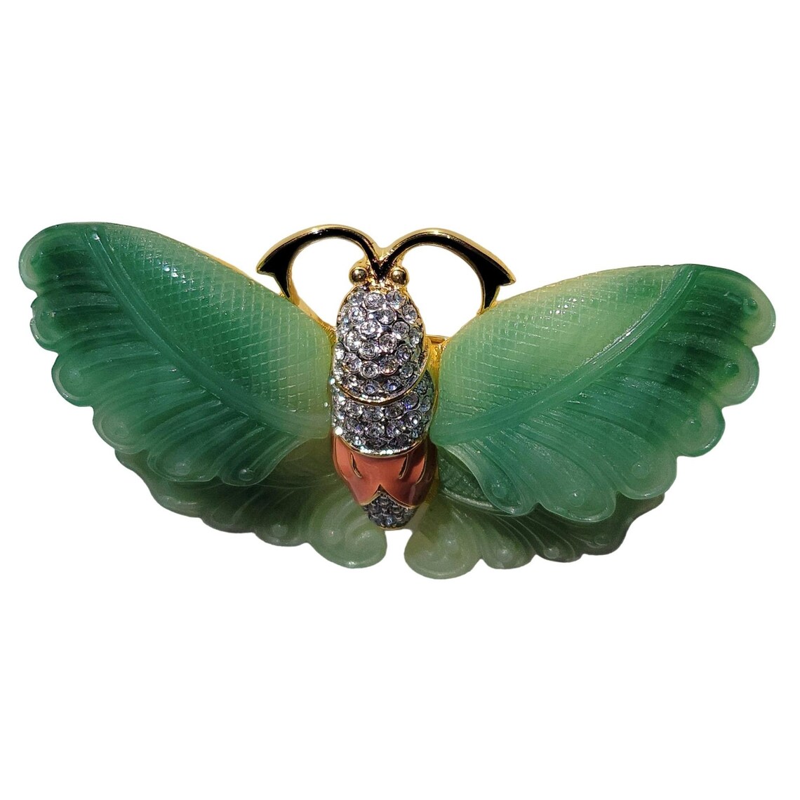 Signed KJL Kenneth Jay Lane Butterfly Moth Faux Jade Coral Enamel ...