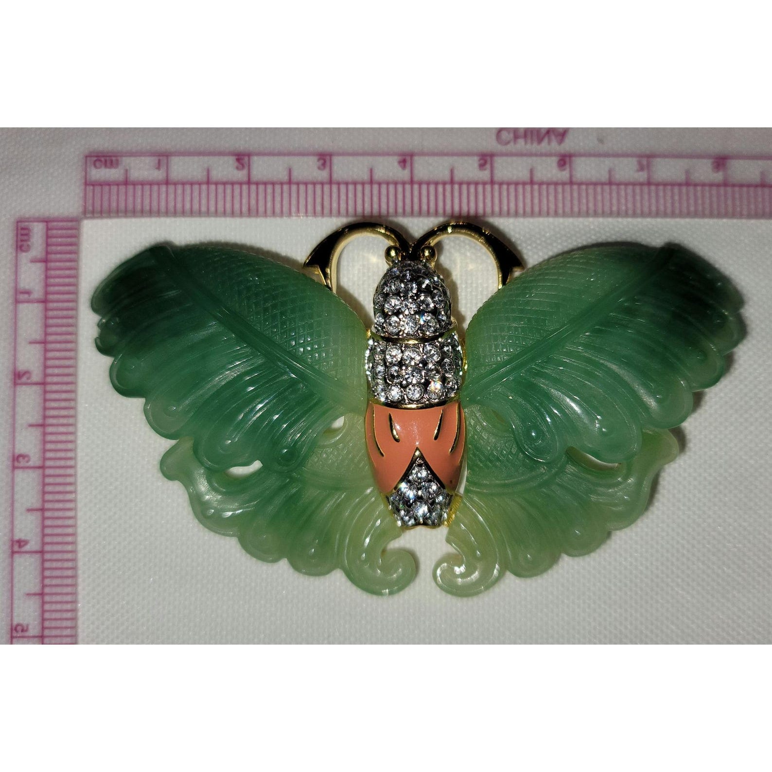 Signed KJL Kenneth Jay Lane Butterfly Moth Faux Jade Coral Enamel ...