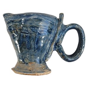 OOAK Artist Signed Handmade Pottery Creamer Blue Glaze Brutalist Modern Chunky