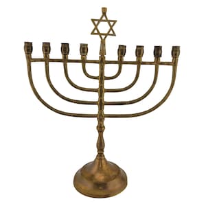 Vintage 11&quot; Brass Hanukkah Menorah With Star Of David Holds Real Candles READ