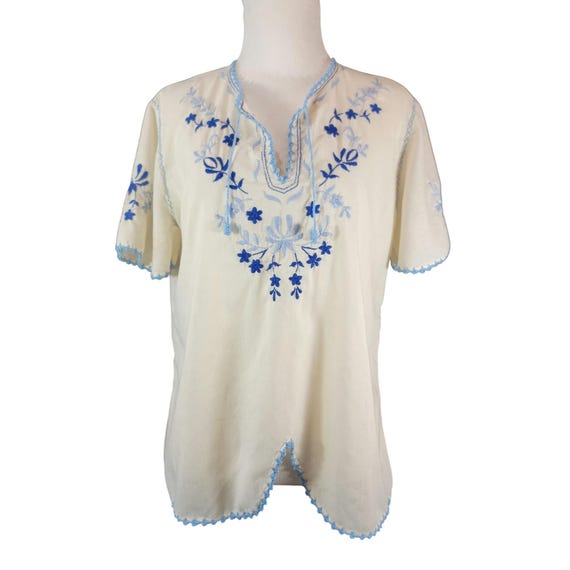 Vintage 1930s Hungarian White & Blue Bohemian Emb… - image 1