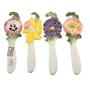 Vintage Fitz & Floyd Ceramic Spring April Flowers Floral Canape Knives Set Of 4