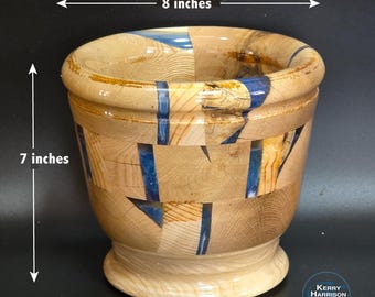 Table Centerpiece Handcrafted from Oak, Pine & Maple Segments and Blue Resin