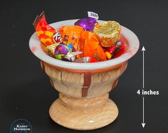 Candy Dish Hand Crafted - Lathe Turned on a Pedestal with orange and white resin accents