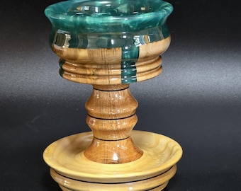 Pedestal Candy Dish with Jade Green Resin Accents and Rim | Handmade Wood Bowl