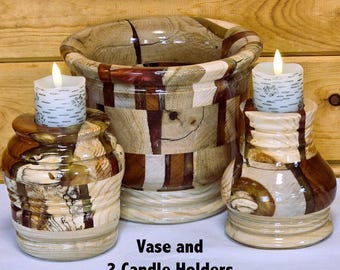 Segmented Wood and Resin Table Centerpiece Set with Candle Holders