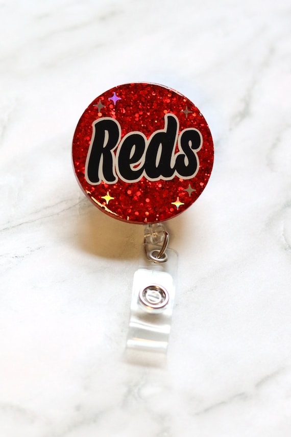 Reds Badge Reel, Cincinnati, Baseballs, Sparkly Resin, Handmade Badge Reel,  Alligator Clip Retractable Badge Reel 