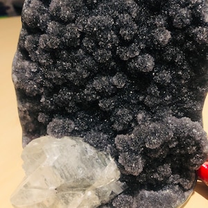 Incredible black amethyst geode with large optical calcite, Brazil