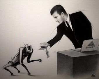 May include: A black and white drawing of a man in a suit handing a small robot a key with the word "SKYNET" on it. The robot is running away from the man. The man is standing in front of a laptop with the word "SKYNET" on it.