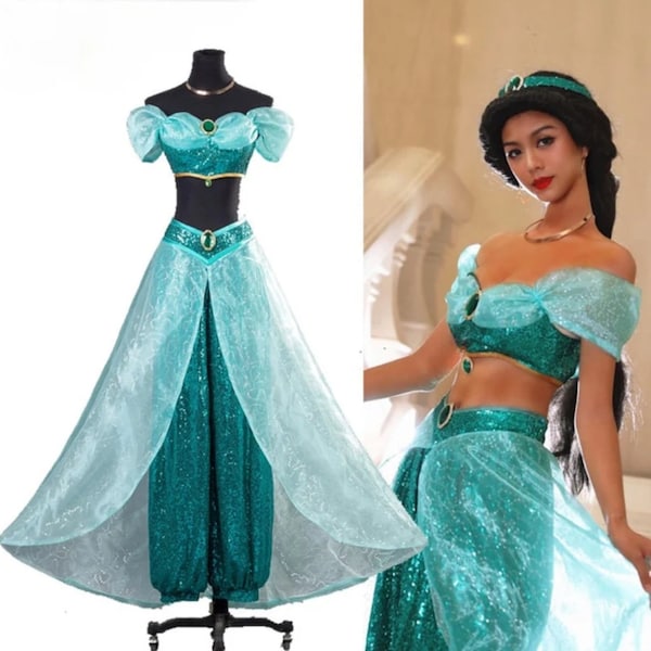 Anime Aladdin Cosplay Jasmine Dress Magic Lamp Princess Dress Jasmine Cosplay Costume Girl Belly Dance Outfit Halloween