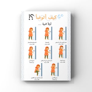Könnte beinhalten: Ein weißes Poster mit arabischem Text und Illustrationen, die die Schritte der Waschung detailliert beschreiben. Das Poster hat einen dekorativen Rand und zeigt eine Zeichentrickfigur in orangefarbener Kleidung, die jeden Schritt an einem Wasserhahn ausführt.