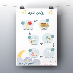 Könnte beinhalten: Eine farbenfrohe Infografik mit einem blauen, weißen und gelben Mond und Wolken. Die Infografik zeigt eine Schlafenszeitroutine für Kinder mit Illustrationen eines Kindes, das Spielzeug wegräumen, Pyjama anziehen, Zähne putzen, zu Abend essen, die Toilette benutzen, ein Buch lesen und schlafen gehen. Der Text in Arabisch lautet "روتين النوم", was mit "Schlafenszeitroutine" übersetzt wird.