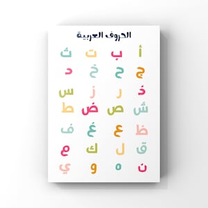 Könnte beinhalten: Ein weißes Poster mit dem arabischen Alphabet. Der Titel "الحروف العربية" steht oben in Dunkelblau. Jeder Buchstabe wird in einer anderen Farbe dargestellt, darunter Grün, Orange, Rosa und Blau.