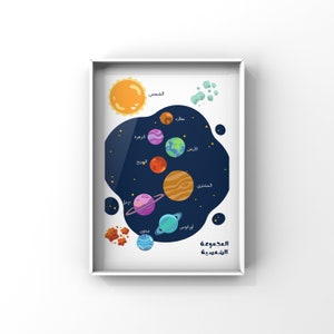 Lámina del sistema solar, planetas para aprender, lámina para guardería espacial, lámina educativa, lámina, póster del sistema solar, decoración de sala de juegos, lámina árabe imprimible