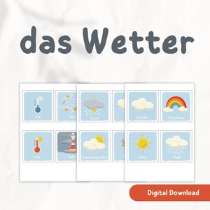 Cartes météo allemandes Montessori Flash Cards PDF à télécharger instantanément et à imprimer pour les tout-petits et les écoles maternelles