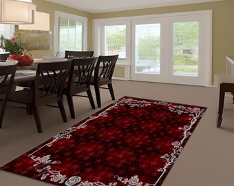 Rosen Blätter und Sterne gemusterter Teppich | Rutschfest | Moderner Teppich | Läufer | Samt Teppich | Teppich für Wohnzimmer | Bodenmatte | Roter Teppich