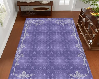 Roses Leaves and Stars Patterned Rug | Anti Slip | Modern Area Rug | Runner | Velvet Carpet | Rug for Living Room | Floor Mat | Blue Carpet