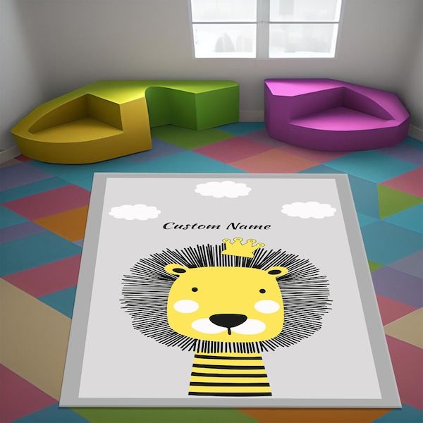 à motif lion | antidérapant pour chambre d'enfant | Tapis lavables de luxe | Tapis de jeu gris | Tapis nommé personnalisé pour chambre d'enfant | Tapis pour chambre de bébé