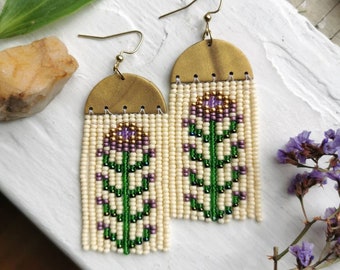 Gold & purple folk flowers (clay and beaded fringe)