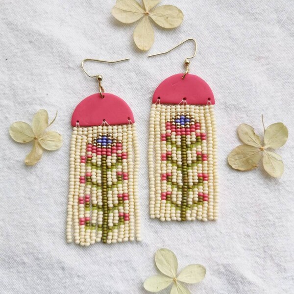 Folk flowers clay and seed bead fringe earrings (bright pink, cream)