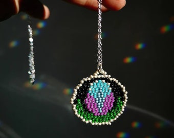 Handwoven portal necklace - green, turquoise, purple