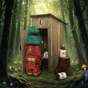 May include: A hand-painted figurine of a gnome wearing a green hat and red overalls standing before a wooden outhouse. A small brown tree stump sits nearby, topped with a white jug marked with two black X symbols and a matching white roll.