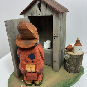 Kentucky Mountain Hillbilly at Outhouse with Jugs - Hand Carved Caricature- Hand Carved Carved Figurine -  Signed and Dated - One of a Kind